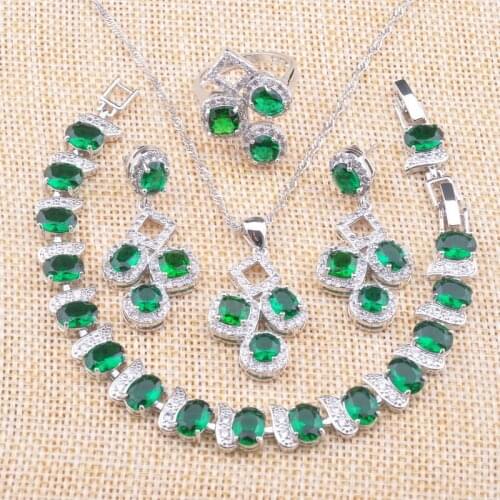 2020 New Green Crystal Silver Color Wedding Jewelry Sets For Women Earrings Rings Bracelet Necklace Birthday Gifts YZ0708