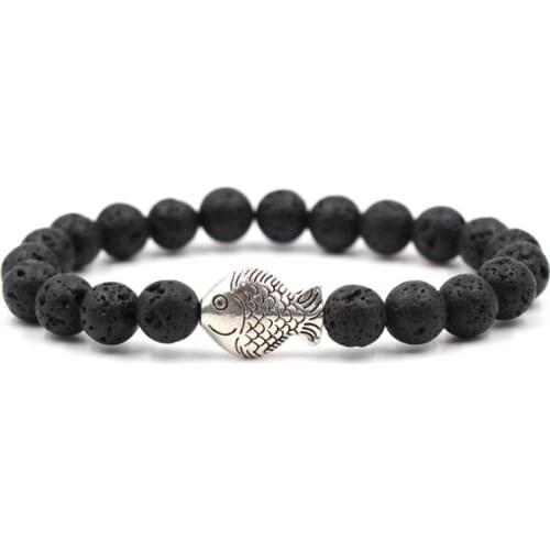 8mm cg3 ball elastic thread adjusted nature black stone volcanic lava bead Metal fish Bracelet Reiki Chakra Fashion Jewelry