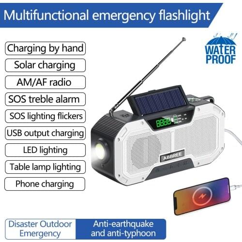 ABBREE Waterproof Emergency Radio Solar Crank Dynamo Powered with Auto Scan AM/FM Handheld Radio Compass LED Flashlight
