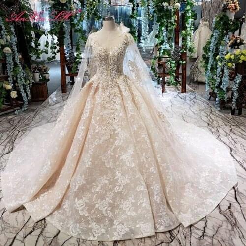 AnXin SH Luxury princess champagne flower lace beading pearls illusion o neck with veil white wedding dress 100% real photo