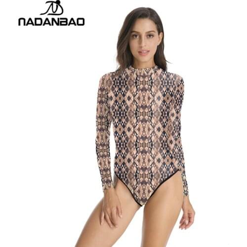 Bodysuit Bathing Suit Retro Patterned Printed Women Sexy Swimwear Loog Sleeve Zippered One Piece Swimsuit traje de bano mujer