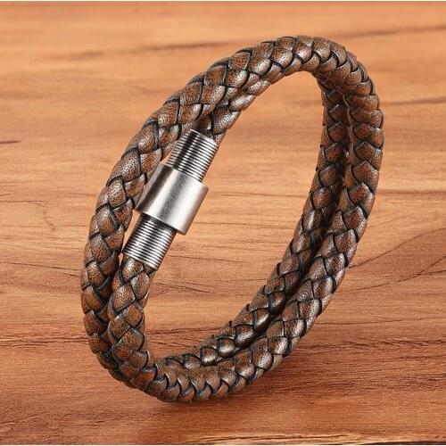 TYO Trendy Khaki 2 Layers Wrap Genuine Leather Women Men Bracelet Braided Bangle Stainless Steel Buckle from China Supplies