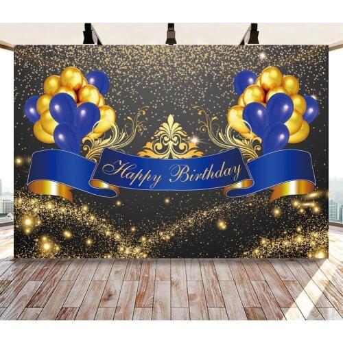 Royal Blue Banner Happy Birthday Photography Background Glitter Dots Balloon Cake Wine Table Party Decor Backdrops Sweet 15 16th