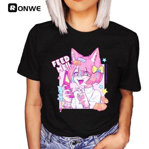 Cute Feed Me Women Anime Black T Shirt Girl Harajuku Korean Style Graphic 2YK Tops 2021 Kawaii Female T-shirt,Drop Ship