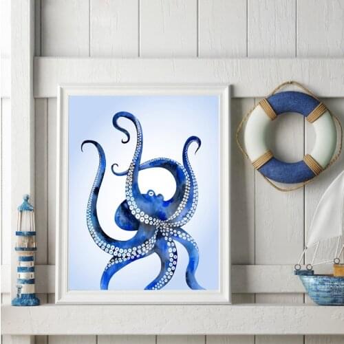 Watercolor Ocean Octopus Art Print Pictures , Modern Ocean Animal Octopus Canvas Art Painting Modern Bathroom Wall Decor