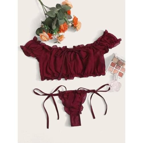 Women Pleated Mesh Lingerie Set Sweet Cute Off-shoulder Strapless Tops Briefs Babydoll Sleepwear Underwear Set Sexy Lingerie