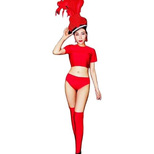 Fashion Women Spandex Tops Shorts Hats Red 3 Pieces Set Belly Dancing Performance Stage Wear Nightclub Evening Prom Costumes