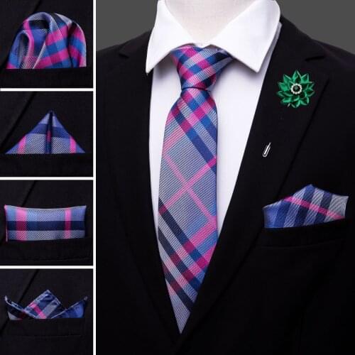 Blue Plaid Silk Mens Wedding Tie Crystal Brooches Handkerchief Cufflinks Set Neck Tie For Men Gift Party Business Barry.Wang