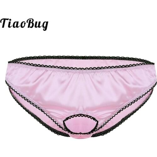 TiaoBug Mens Lingerie Open Front Penis Ring Soft Satin Low Rise Hot Sissy Bikini Briefs Underwear Sexy Men Erotic Panties