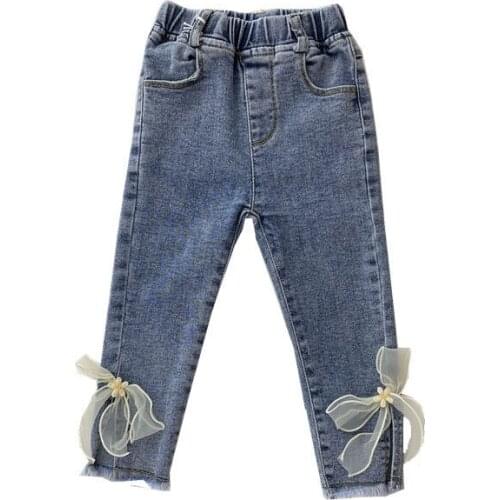 2021 New Style Spring Autumn Girls Jeans Bow Decoration Casual Pants For Kids 3-8 Years Old Children Comfortable Clothes