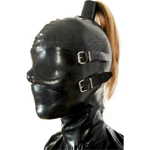 New Unisex Women Latex Hood rubber Mask with hairpieces wigs ponytails handmade with back zipper