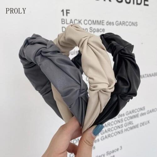 PROLY New Fashion Women Headband Soft Pleated PU Leather Hairband Casual Turban Women Solid Color Classic Hair Accessories