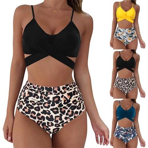 Solid Top Printed Bottom Bikini Set Leopard Sexy Swimwear Women High Waist Swimsuit Cross Push Up Bikini Bathing Suit Xxl