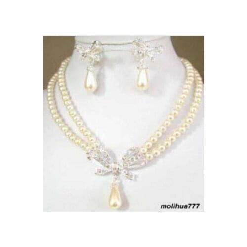2 Rows White Pearl Butterfly Pendant Earrings Necklace