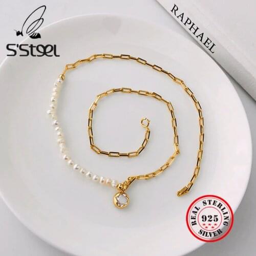 SSTEEL Pearl Necklace For Women 925 Sterling Silver Zircon Geometric Gold Pendant Necklaces Collares Mujer Joyas Fine Jewelry