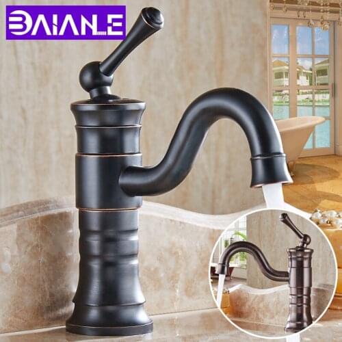 Basin Faucets Black Brass Sink Faucet Deck Mounted Retro Bathroom Faucet Hot and Cold Water Mixer Tap Single Handle ORB Bronze