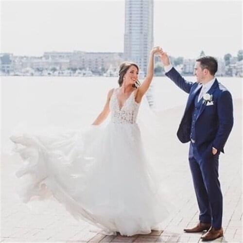 Wedding Dress New V-Neck Ruffles Vestido De Noiva Appliques Sexy Backless See Through Strap Bride Dresses 2020