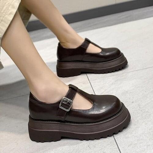 Lolita Shoes Flat on Platform Shoes Women T Strap Leather Shoes Girls Thick Sole Casual Shoes Retro Buckle zapatos mujer 8957C