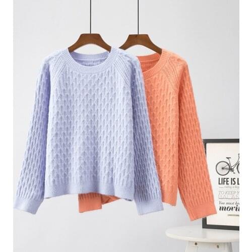 Vintage Light Blue Plaid Knit Tops Autumn 5 Colors Long Sleeve Knitted Pullover Sweater Loose Casual Long Sleeve Women Knitwear