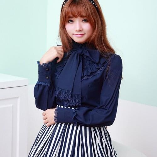 Blue/Black/White Lace Full sleeve Chiffon Lolita Blouse Women Elegant Princess Empire Vintage Shirt Royal Quality Lady Blouses