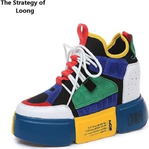 Spring Autumn New Height Increasing Platform Mixed Colors Mesh Inside Genuine Leather Women Pumps Ladies Sneakers Shoes 0812