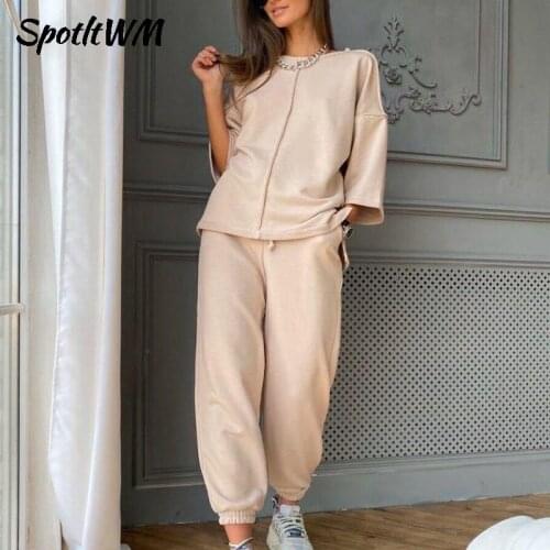 SpotLtWM Women Casual Suits 2021 All-match Tracksuits Comfy Three Quarter Sleeve T-Shirt And High Waist Harem Pants 2 Piece Sets