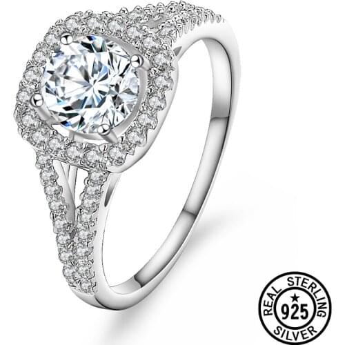 Real 925 Sterling Silver Rings For Women Wedding Engagement Round 6.0mm Clear Zirconia Rings Accessories Korean Fashion Jewelry