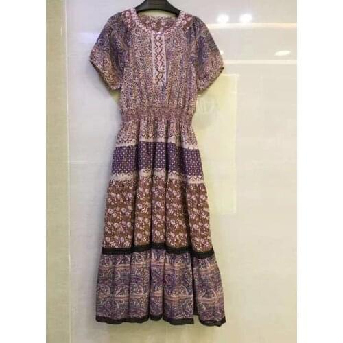 Bohemian Dress 2021 Summer Style Women O-Neck Vintage Print Elastic Waist Short Sleeve Mid-Calf Length Casual Sun Dress Clothing