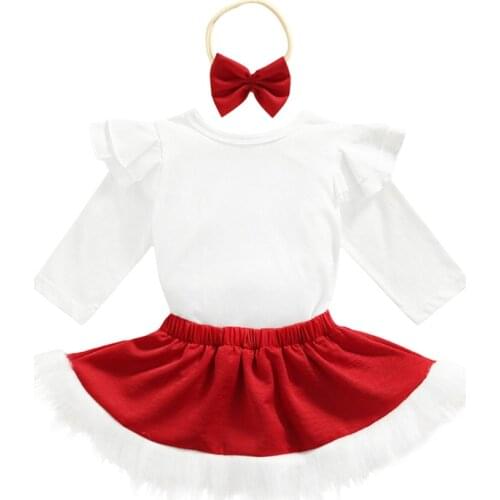Pudcoco 0-24M 3Pcs Christmas Costumes Long Sleeve Ruffles O-Neck Bodysuit Tops+A-Line Skirt+Headdress Fashion Outfit Sets