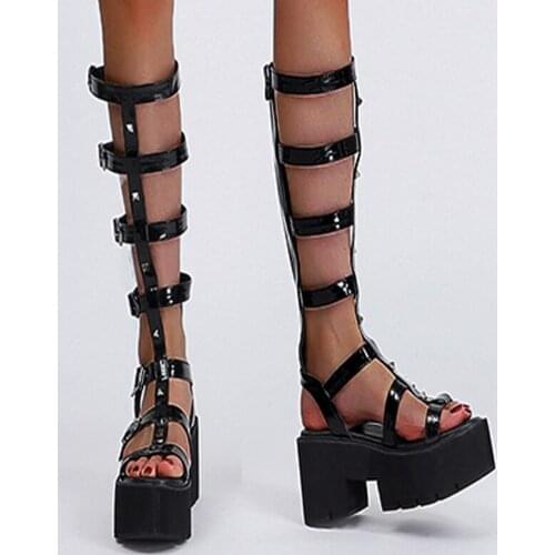 Womens Sandal Platforms Shoes Summer Hollow Out Long Boots Punk Buckle Platform Heels Black Back Zipper Gladiator Sandals Boots