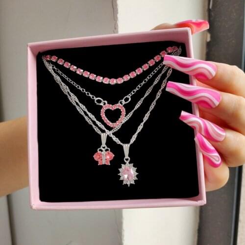 JUST FEEL Multi-layer Shiny Crystal Heart Butterfly Pendant Necklace For Women Pink Rhinestone Chain Necklace Trendy Jewelry