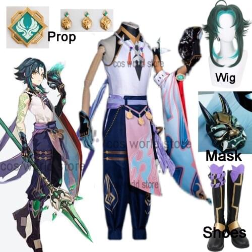 Genshin Impact Xiao Costume Cosplay Mask Wig Shoes Halloween Party Roal Play Props Anime Game Kimono Uniform Costume For Unisex
