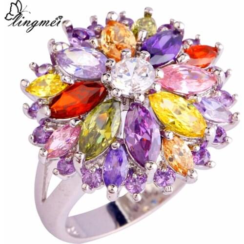 Lingmei Wholesale Cluster Peridot Red Gold Purple Cubic Zircon Silver Color Ring Size 6-12 13 Women Jewelry Flower Design