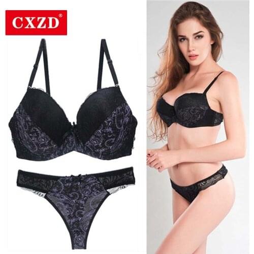 CXZD 2pcs/sets Women Padded Push Up Bra Women Sexy Lace Lingerie Print Bra Underwire Lingerie Set 34/36/38/40 D E Cup