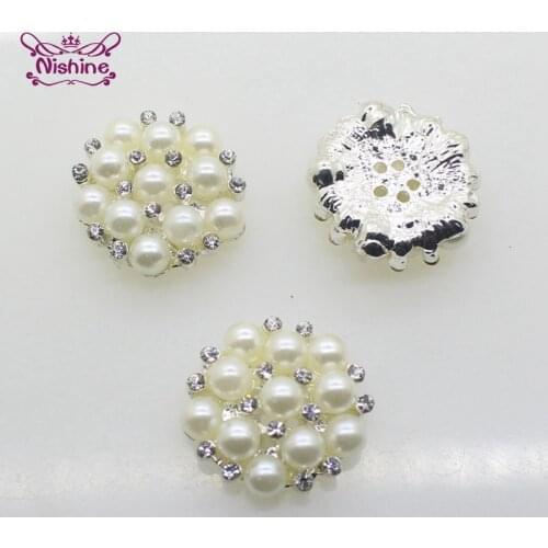 Nishine 6pcs/lot Gold Silver 22mm Round Rhinestones Buttons Pearl Button Wedding Decoration Diy Buckles Hair Accessories