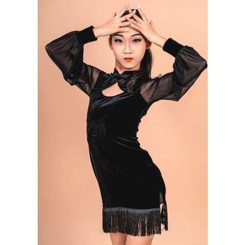 Fashion Latin Dance Dress For Girls Black Mesh Fringe Dress Practice Clothes Ballroom Chacha Samba Latin Performance Wear DN7273