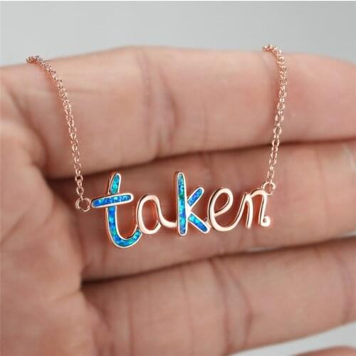 Trendy Letter Taken Wedding Necklace White Blue Opal Stone Pendant Necklace Rose Gold Silver Color Chain Necklaces For Women Men