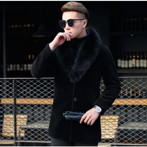 2020 New Winter Men Real Fox Fur Collar Male Natural Wool Fur Sheep Shearling Coats Man Genuine Leather Mid-long Jacket Z169