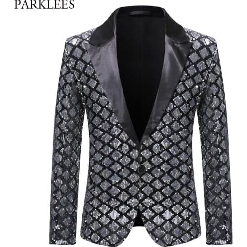 Silver Sequin Plaid Blazer Jacket Men 2019 Fashion Slim FIt One Button Dress Suit Blazer Male Party Wedding Stage Costume Homme