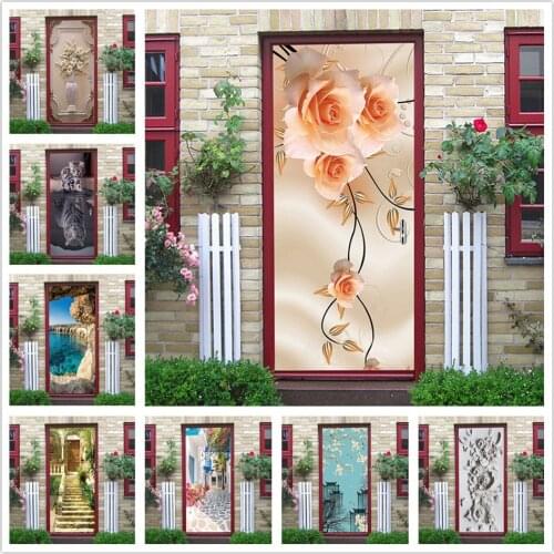 Flower Door Mural Self Adhesive Waterproof Wallpaper Home Design DIY PVC Poster Room Decoration Wall Art Sticker adesivi porta
