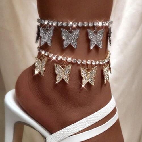 New Iced Out Crystal Butterfly Tennis Chain Anklets For Women Gold Silver Color Big Rhinestone Ankle Leg Chain Barefoot Jewelry