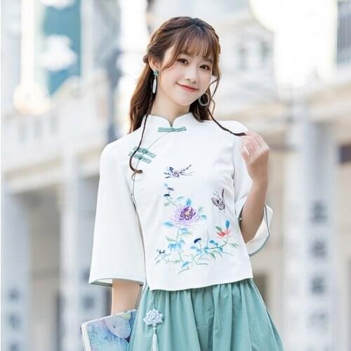 Chinese Style Clothing Women Clothes 2021 Cheongsam Top Chinese Traditional Shirt Blouse Cotton Hanfu Ladies Chinese Tops 12310