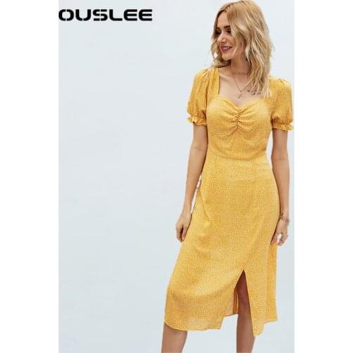 OUSLEE Casual Floral Print Dresses Women French Romance Retro Square Collar Dresses Female Ladies Ruffle Puff Sleeves Midi Dress