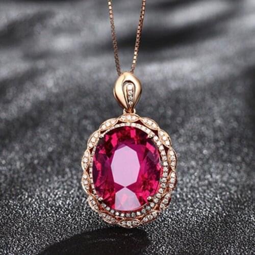 Luxury Charm Oval Pendant Necklace Inlay Red Oversize Zircon Geometry Rose Golden Jewelry For Women Wedding Anniversary Choker