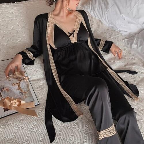 Satin 3PCS Pajama Set With Breast Pads Women Sleepwear Sexy Three Pieces PJS Suit V-Neck Pyjamas Nightwear Loose Loungewear