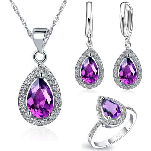Luxury Romantic Necklace Earrings Jewelry Sets Drop Shape Pendant 925 Sterling Silver CZ Bridal Wedding Party Jewelry