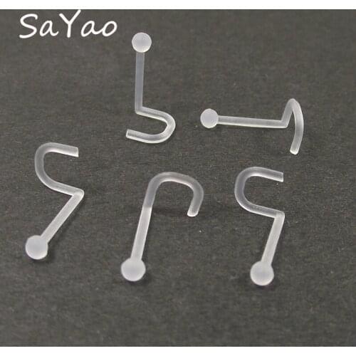 SaYao 5pcs/lot 0.8x7x2mm Clear Transparent Invisible Twist SPIRAL Curved Nose Ring Nose Stud Rings Tragus Ear Piercing Nose Nail