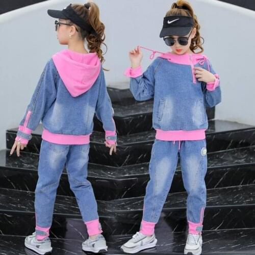 Children Clothing Sets Denim Stitching Tracksuit +Jeans 2pcs Girls' Set 2020 New Kids Sport Outfits for Girls Clothes 10 12 Year