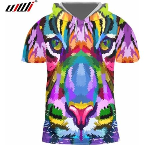 UJWI Men Casual Tshirts New Arrival 3d Cool Print Animal Tiger T-shirt with Hood Man Brand Clothes Short Sleeve Hoodies Shirt