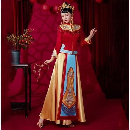 Embroidery Contrast Colors Chinese Wedding Dress Banquet High-quaity Classic Cheongsam China Qipao костюм для восточных